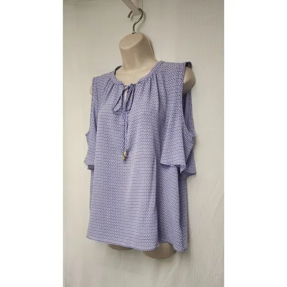 Michael Kors Cold Shoulder Short Sleeve Front Tie Blue/White Floral Sheer Top XL - Picture 3 of 7